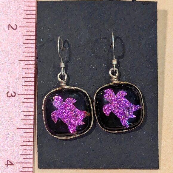 WOW Black & Magenta Dichroic TURTLE Sterling Silver Wire-Wrapped Glass Earrings - Picture 1 of 2